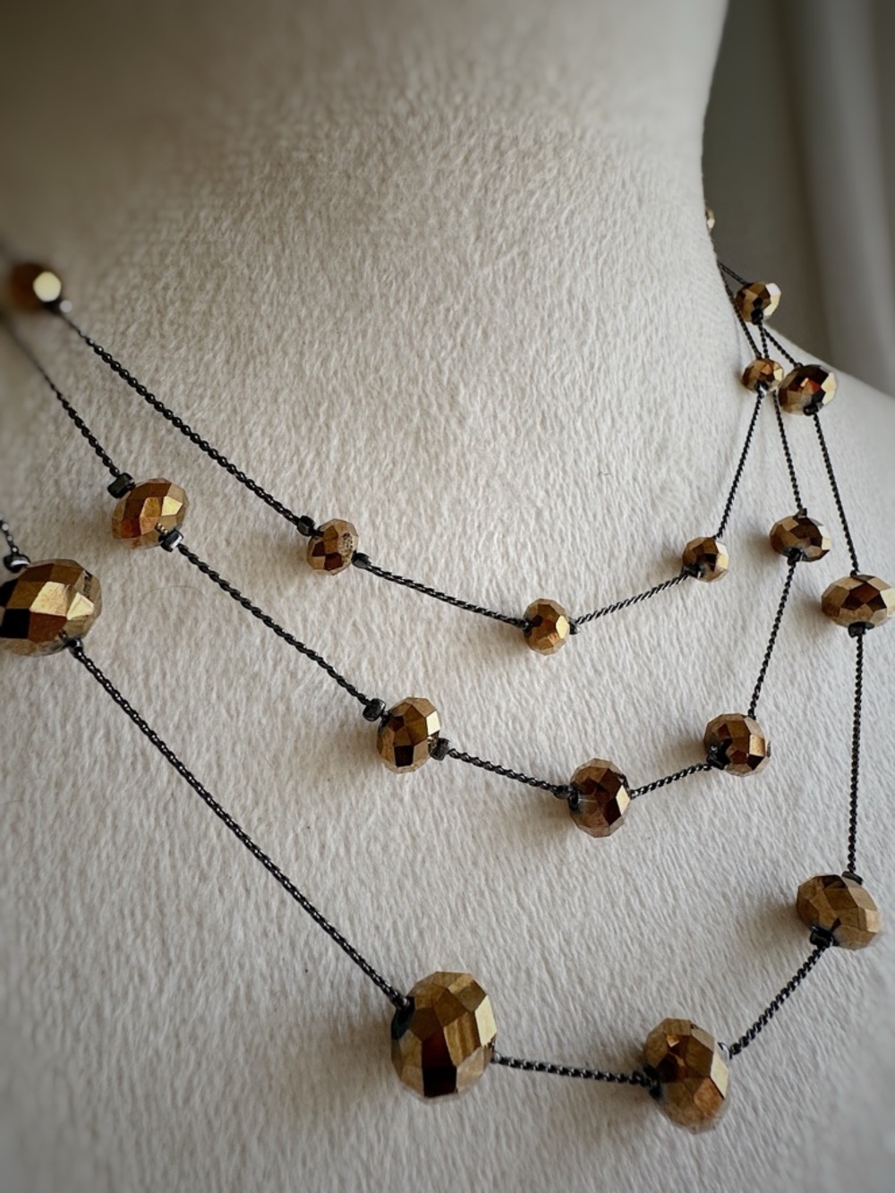 Triple Strand Strand Faceted Metallic Bronze Minimalist Bead Necklace